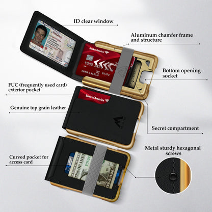MURADIN Mens Wallet Tactical Bifold Wallets for Men Metal RFID Blocking Aluminum Money Cards Holder Gifts for Men (black leather with gold frame)