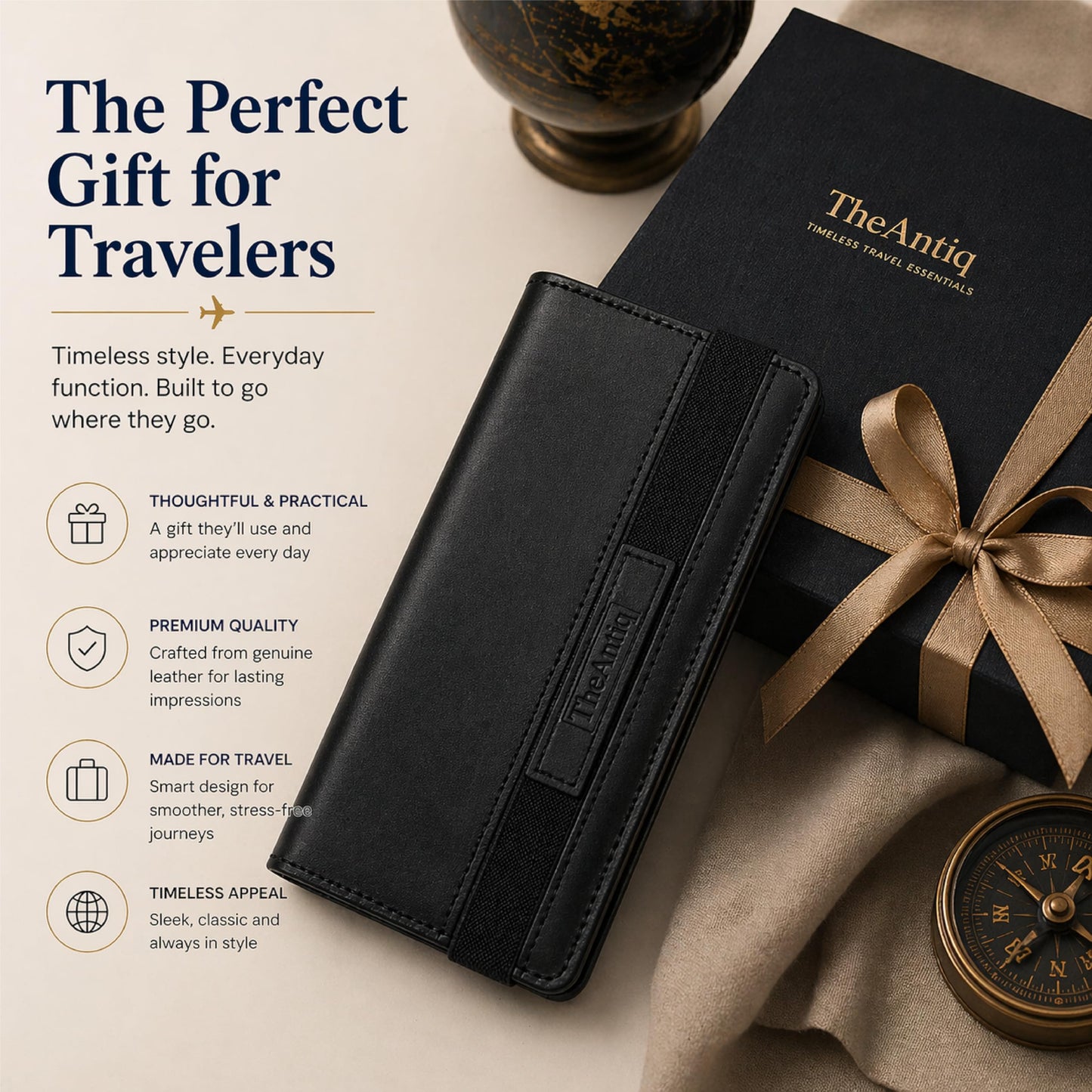 TheAntiq Black Leather Long Passport Wallet - Travel Document Organizer with Card Slots ID Window Zipper Pocket Slim Passport Holder for Travel & Everyday Use, 5 x 9