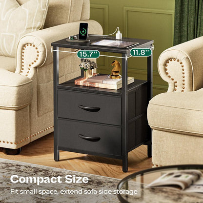Huuger Night Stand with Charger Station and LED Lights, 2 Drawer Nightstand, Bed Side Table with Open Shelf, End Table, Fabric Drawers for Bedroom, Black