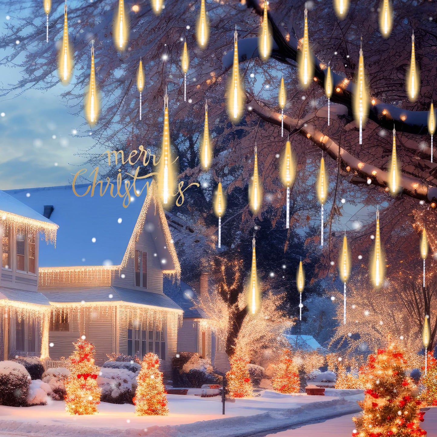 Brightown Meteor Shower Lights Outdoor, 16 Inches 16 Tubes 576 LED Icicle Lights, Waterproof Meteor Christmas Light Outdoor, Hanging Falling Rain Light for Tree Holiday Party Christmas, Warm White