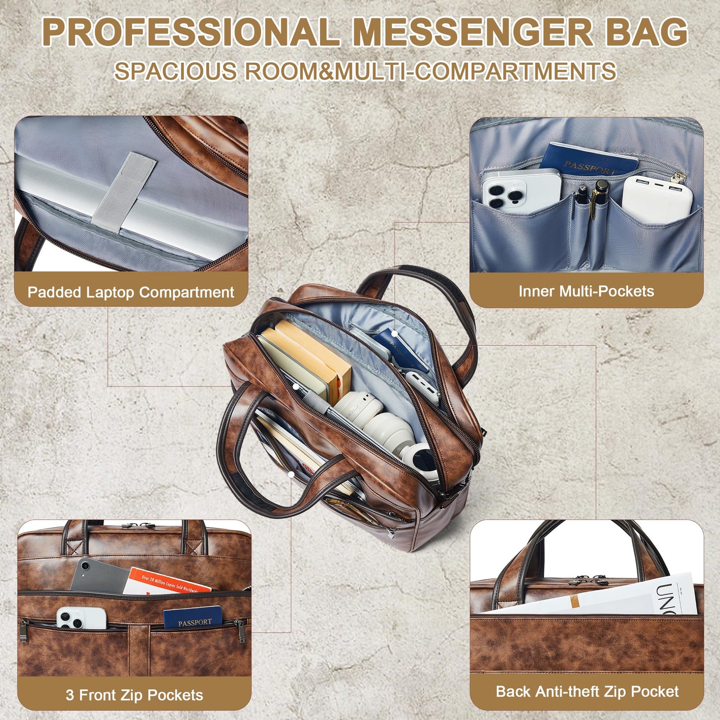 Shrrie Leather Messenger Bag for Men and Women 16 inch Laptop Bag,Water-Resistant Retro Leather Briefcase for Men,Mens Satchel Bag Crossbody for Office,Business,Work
