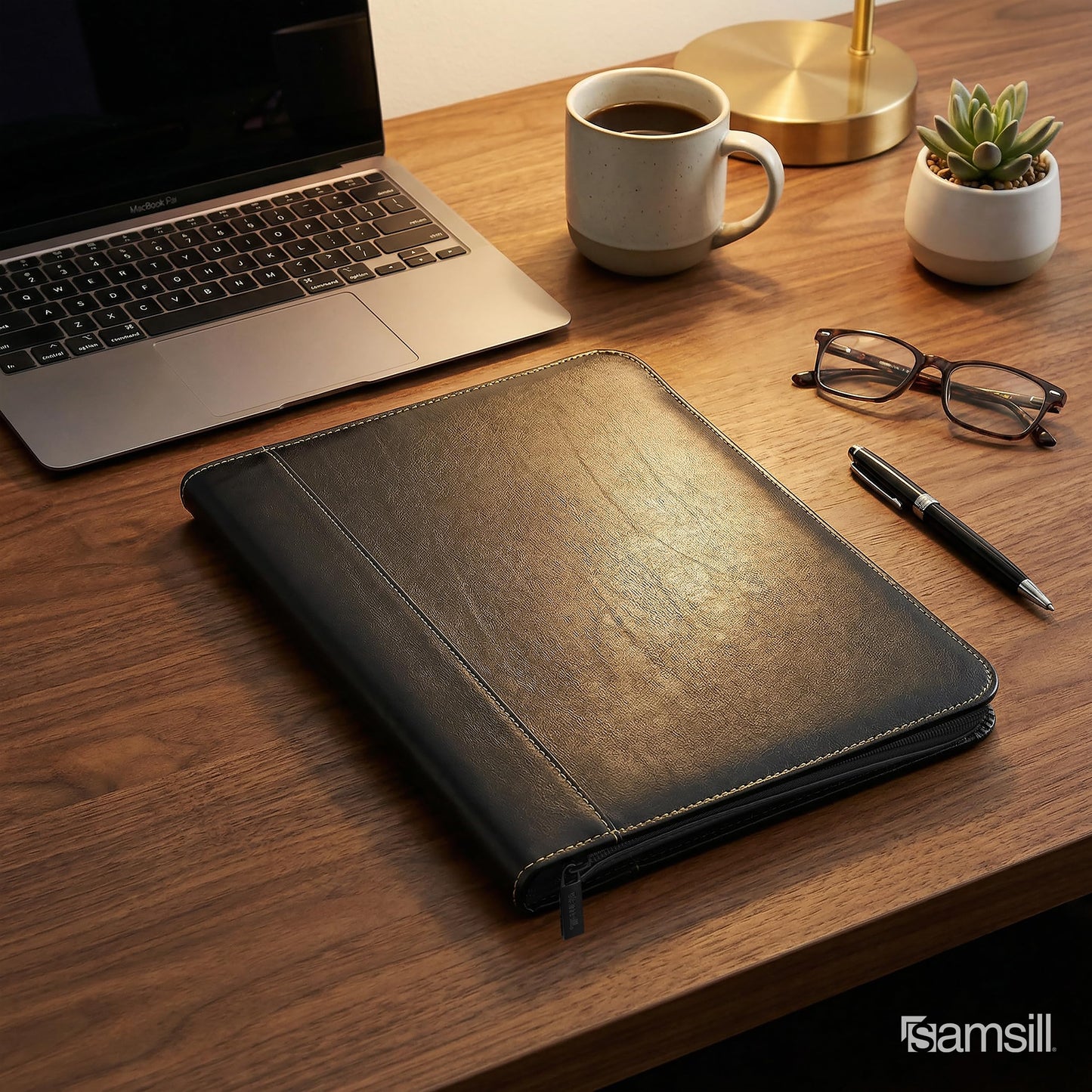 Samsill Contrast Stitch Leather Zippered Portfolio Folder/Business Portfolio for Men and Women, Resume/Document Organizer with Writing Pad, Black (71720)