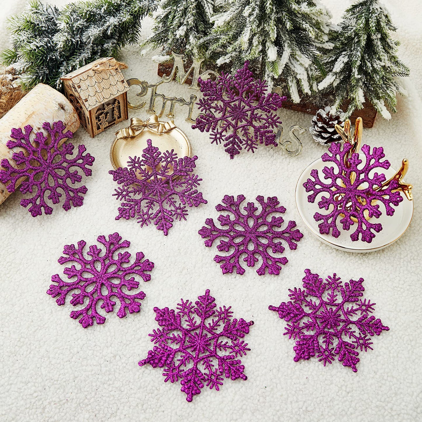 30PCS Christmas Glitter Snowflake Ornaments Plastic Snowflakes Ornaments-Xmas Tree Decorations,4.7-inch (Purple)