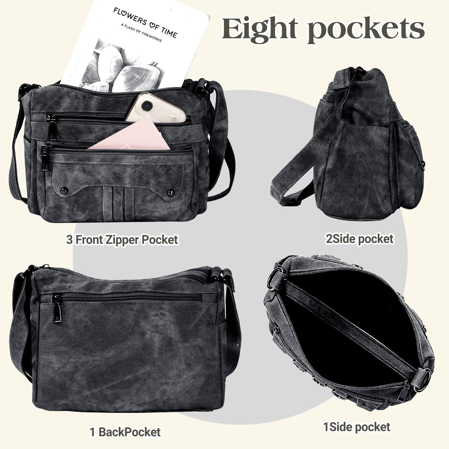 ELDA Crossbody Purses for Women PU Leather Denim Shoulder Handbags Waterproof Travel Bag Ladies Lightweight Medium Pocketbook (Black)