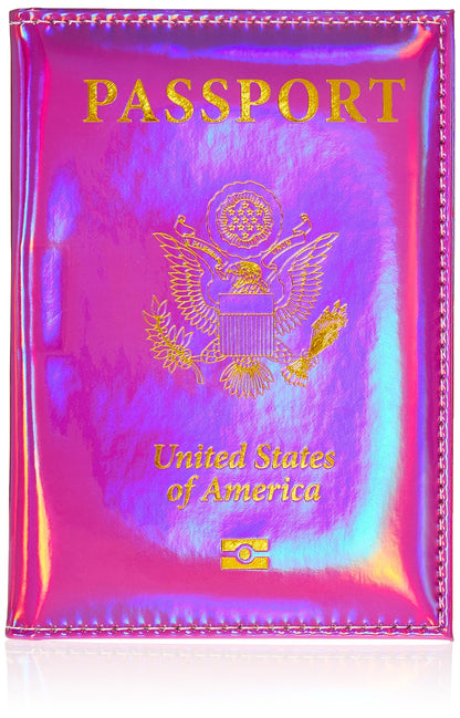 Pretty Little Passports Chrome Holographic Iridescent USA Passport Holder Cover Wallet - Unisex Adults - Faux Leather - RFID Protected - Pink & Gold