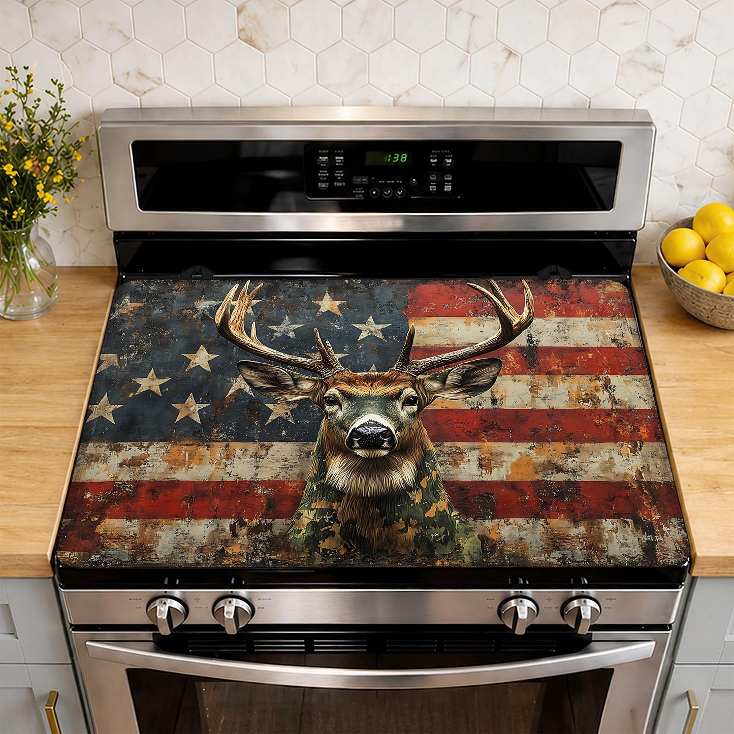 American Flag Electric Stove Top Cover Protector,Grunge Deer Glass Flat Top Stove Mat,Heat-Resistant Oven Induction Cooktop Mat for Ceramic Countertop Mats Dish Drying Mat