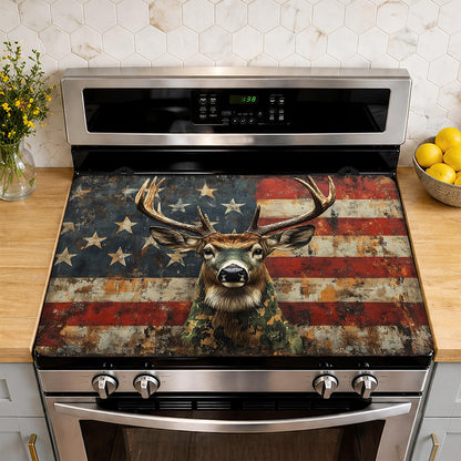 American Flag Electric Stove Top Cover Protector,Grunge Deer Glass Flat Top Stove Mat,Heat-Resistant Oven Induction Cooktop Mat for Ceramic Countertop Mats Dish Drying Mat