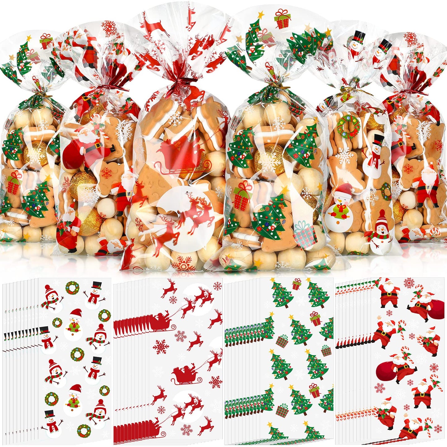Outus 200 Pieces Christmas Cellophane Treat Bags, Plastic Christmas Cello Bags with Twist Ties for Candy, Cookie, Goodies, Gift Wrap, Xmas Party Favor Supplies (Snowman)