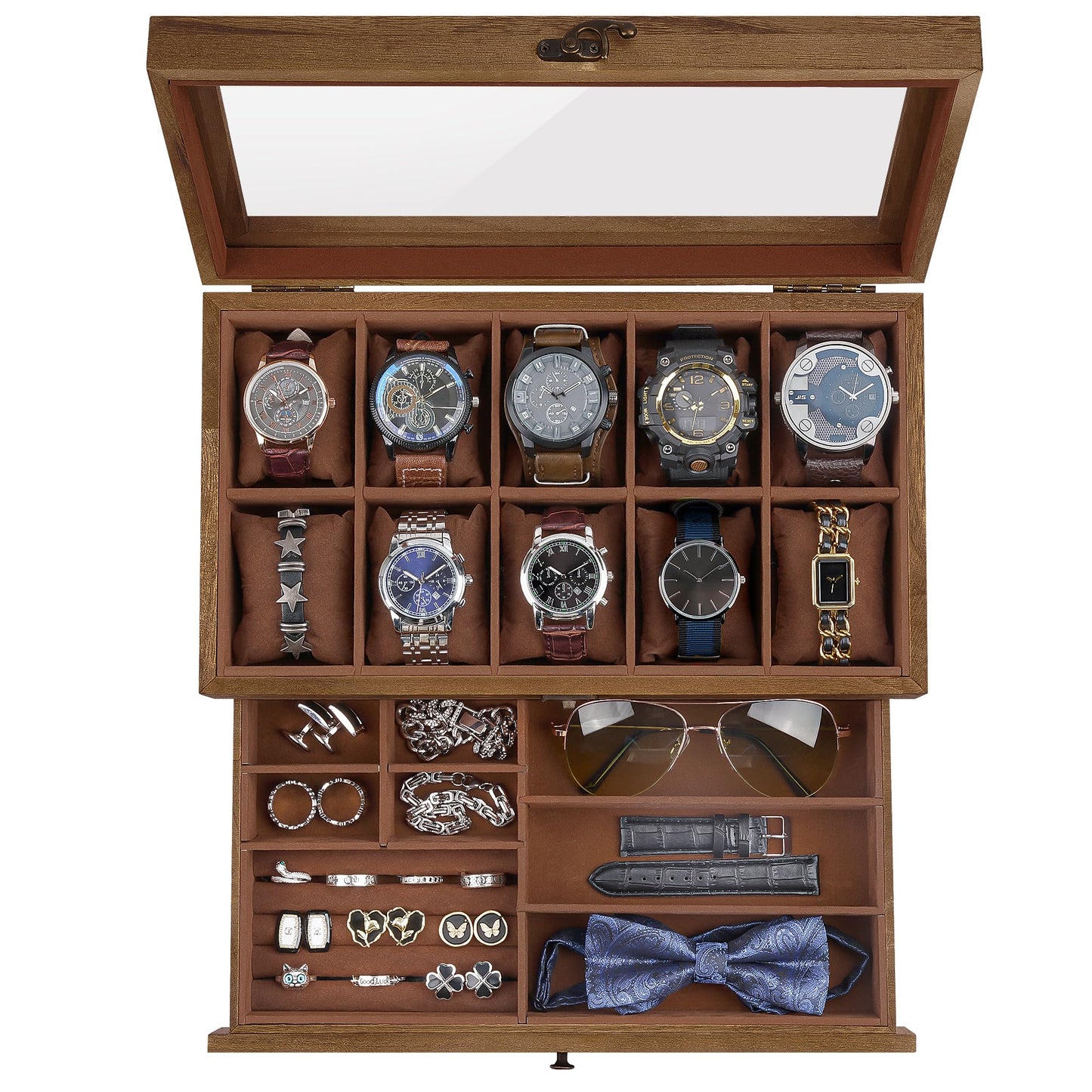 GALHUBIS Watch Box with 10 Slots, 2-Tier Watch Case for Large Dial Watches, Watch Display Case with Lid, Removable Watch Pillows, Gifts for Men Women, Watch Organizer with Drawer, Jewelry Box, Walnut