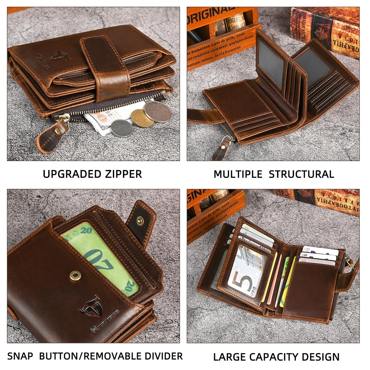 Handadsume Oil Wax Genuine Leather Travel Gift Coin Pocket Card Case Vertical Chain Rfid Wallet Purse With Snap For Men Male 1804 (2-251881 Brown1)