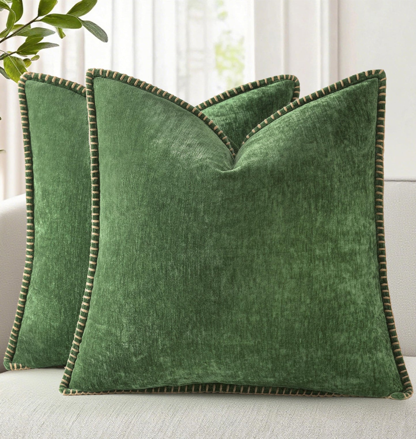 decorUhome Fall Chenille Soft Cozy Throw Pillow Covers 18x18 Set of 2, Modern Farmhouse Boho Velvet Decorative Pillow Cases with Stitched Edge for Couch Sofa Bed Home Decor, Forest Green