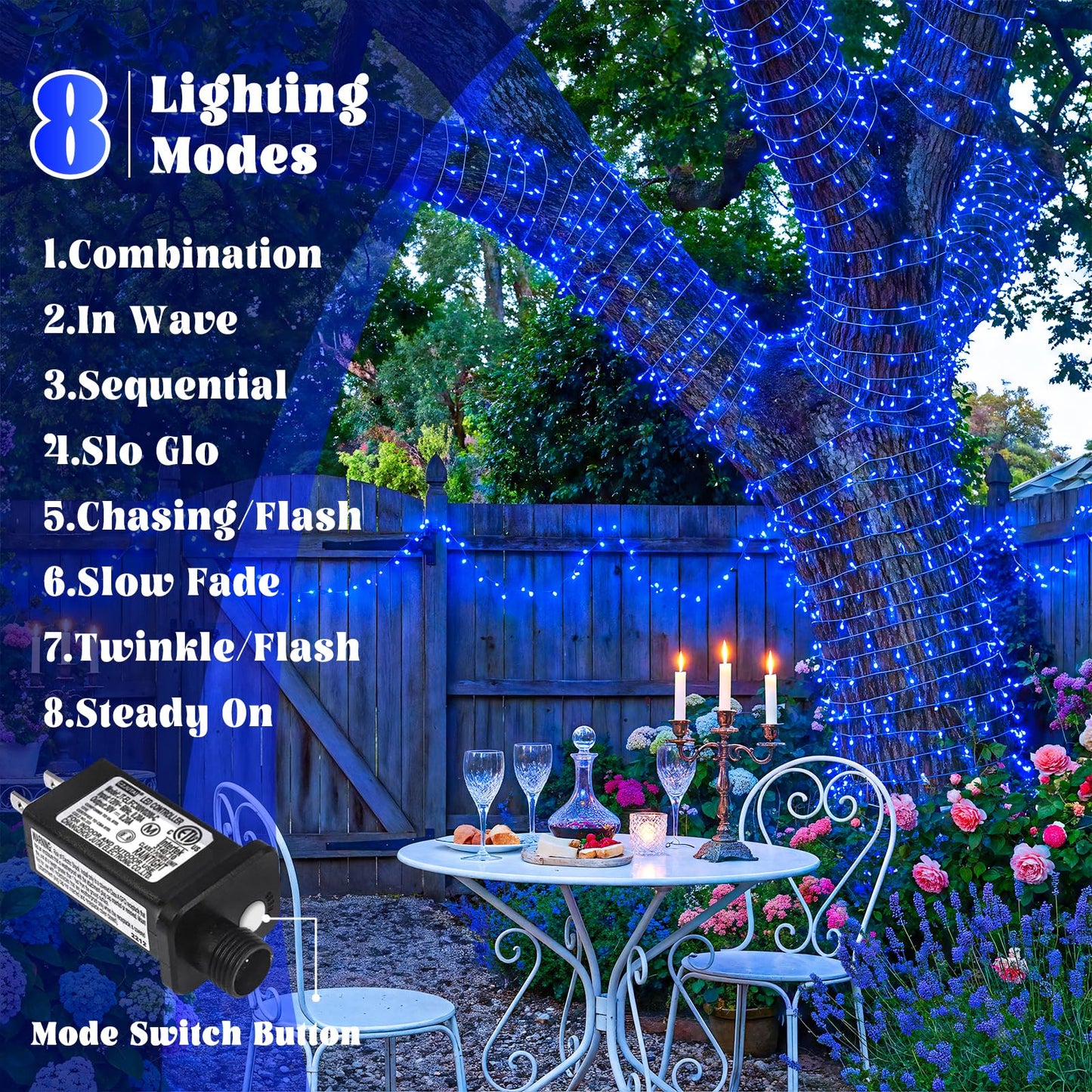 Nielfoi 100FT 300 LED Outdoor String Lights, Plug in Connectable Christmas Lights Indoor, Waterproof 8 Modes String Lights for Outside House Room Wedding Patio Garden Holiady Decorations, Blue