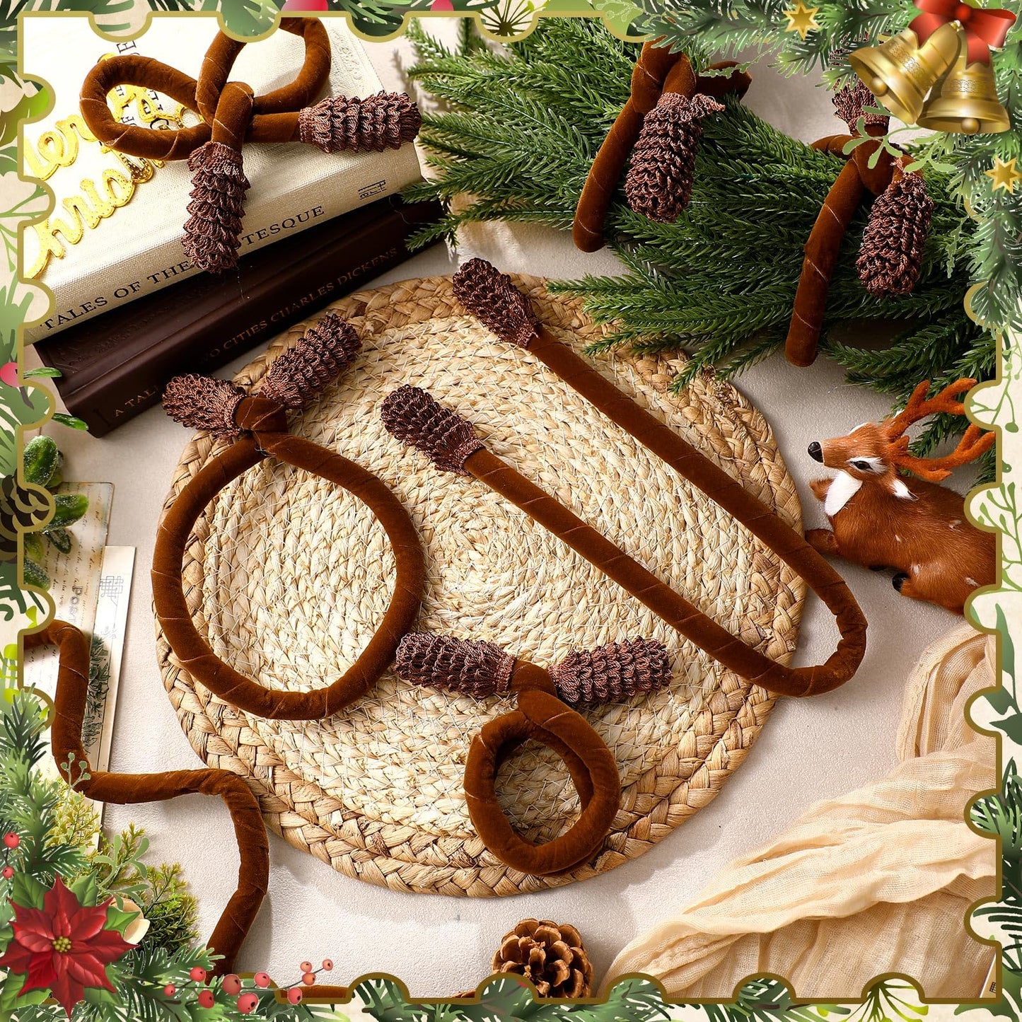 Jutom 16 Pcs 20 Inches Christmas Velvet Garland Ties Decorative Banister Twist Ties Reusable and Flexible for Xmas Light Banisters Home Stairways Railings Decoration(Brown)