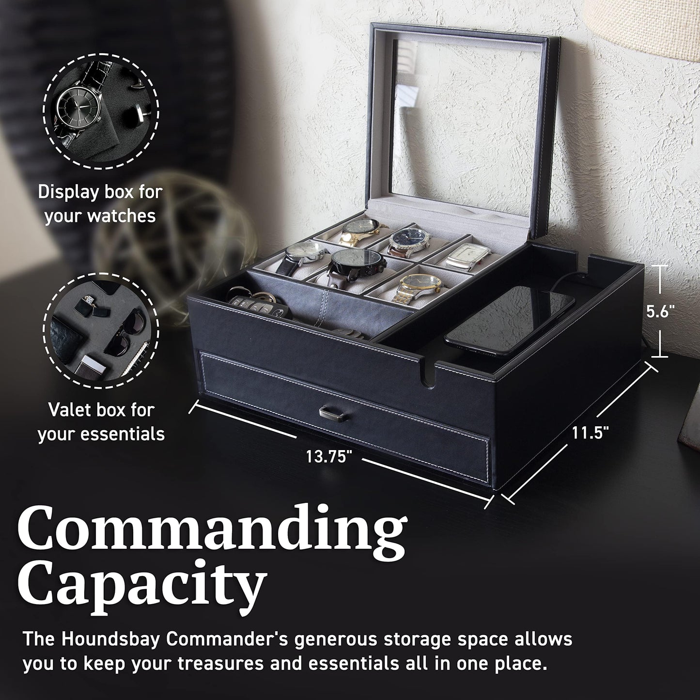 HOUNDSBAY Commander Dresser Valet Watch Box Case, Camo Gifts for Men, Mens Jewelry Box Organizer