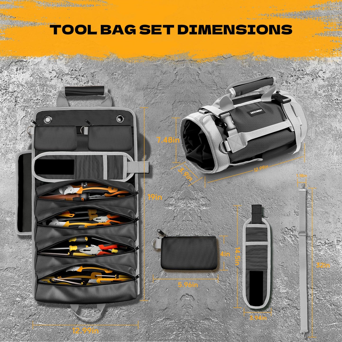 Tool Bag Roll Up Large Heavy Duty, Waterproof Oxford Fabric Tool Storage Organizer with Shoulder Strap Detachable Magnetic Wristband, Foldable Carrying Toolbag for Car Mechanic and Electrician(Black)