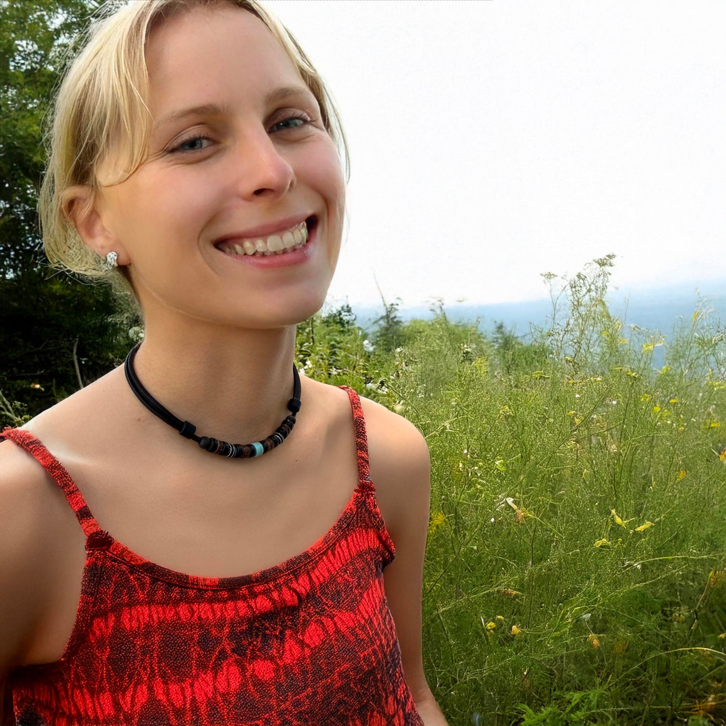 HANA LIMA Leather Necklace – Handmade Adjustable Unisex Jewelry with Coconut Beads and Natural Materials, Boho Surfer Style Necklace with Turquoise Glass Bead – Made in Germany