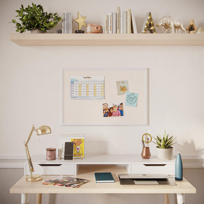 U Brands Farmhouse Linen Bulletin Board, 30" x 20", White Wood Frame, Wall Mounted Pin Board for Home Office, Classroom & Kitchen, Includes Push Pins