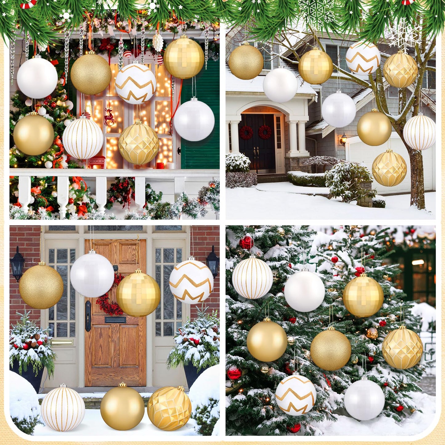 Wettarn Set of 8 Large Christmas Ball Ornaments 6 Inch White Gold Glitter Hanging Christmas Plastic Balls Indoor and Outdoor Hanging Christmas Tree Decorations for Lawn Yard Garden