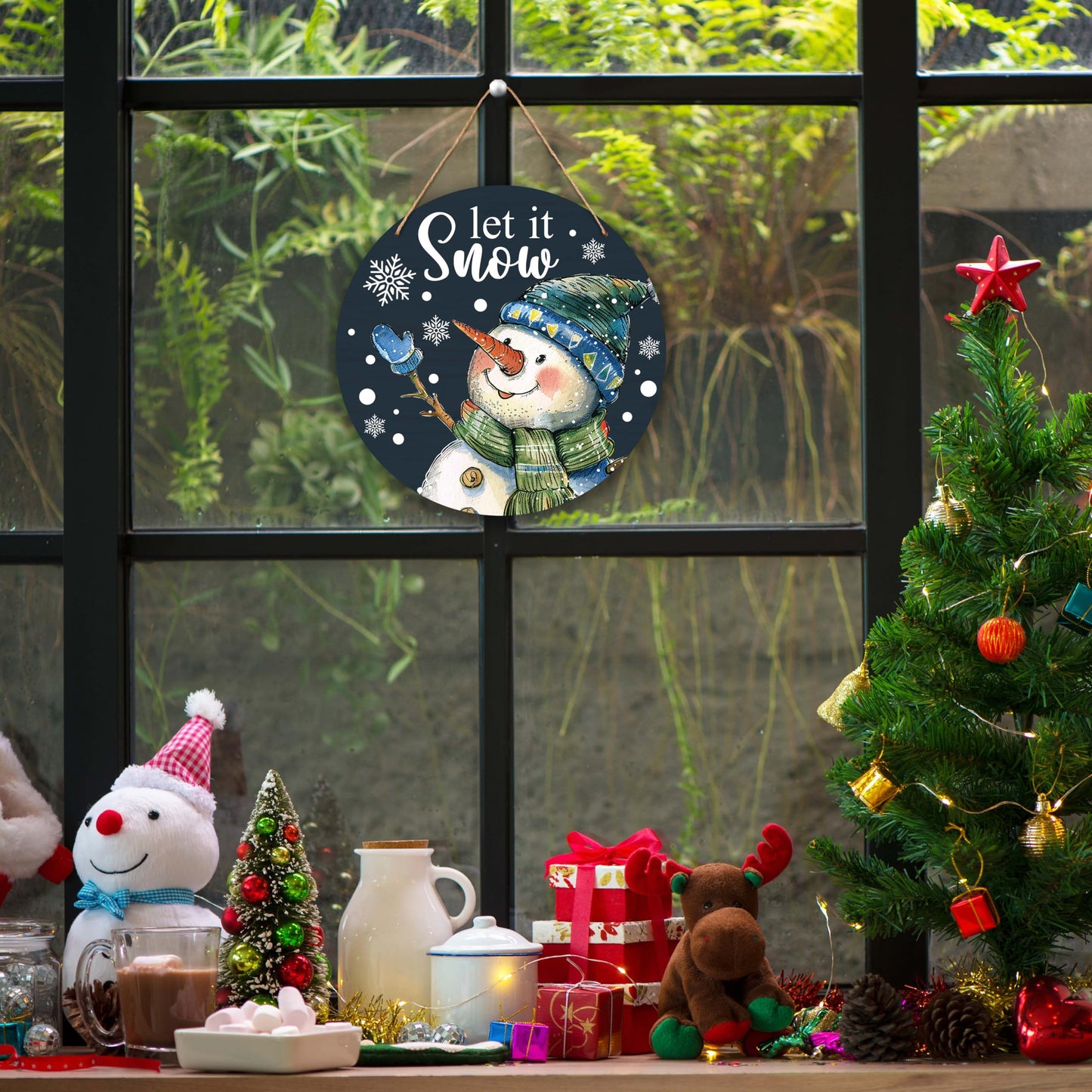 OXRUN Christmas Snowman Wooden Hanging Decorations, Winter Let It Snow Door Sign with Jute Rope, Black Wooden Farmhouse Wall Front Door Hanger, Housewarming Gifts-A03