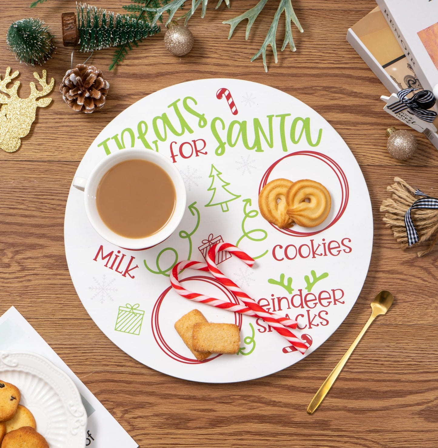 Rmeosye Santa Cookie Plate Treat Santa Christmas Wooden Round Tray Xmas Eve Cookies Milk Reindeer Snacks Cute Platter Mat Wood Plates Board for Christmas Decorations Supplies (White)