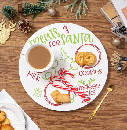 Rmeosye Santa Cookie Plate Treat Santa Christmas Wooden Round Tray Xmas Eve Cookies Milk Reindeer Snacks Cute Platter Mat Wood Plates Board for Christmas Decorations Supplies (White)