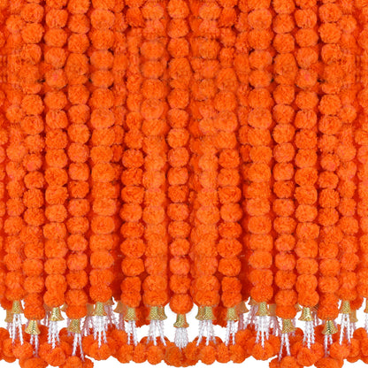OCTERIC 6 Pcs 5 Ft Artificial Marigold Flowers Garland, Dia de Los Muertos Faux Garlands Diwali Decoration with Pendant Bell for Indian American Wedding Party Mantle Decor (Dark Orange)