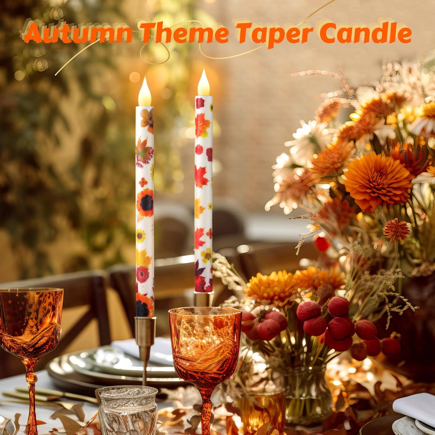 LCZLUMIPRO 6PCS Thanksgiving Flameless Taper Candles - Fall Maple Leaf Decor, Thanksgiving Decorative Candles with Wax Coating and Autumn Floral Prints Perfect for Table, Party, Banquet