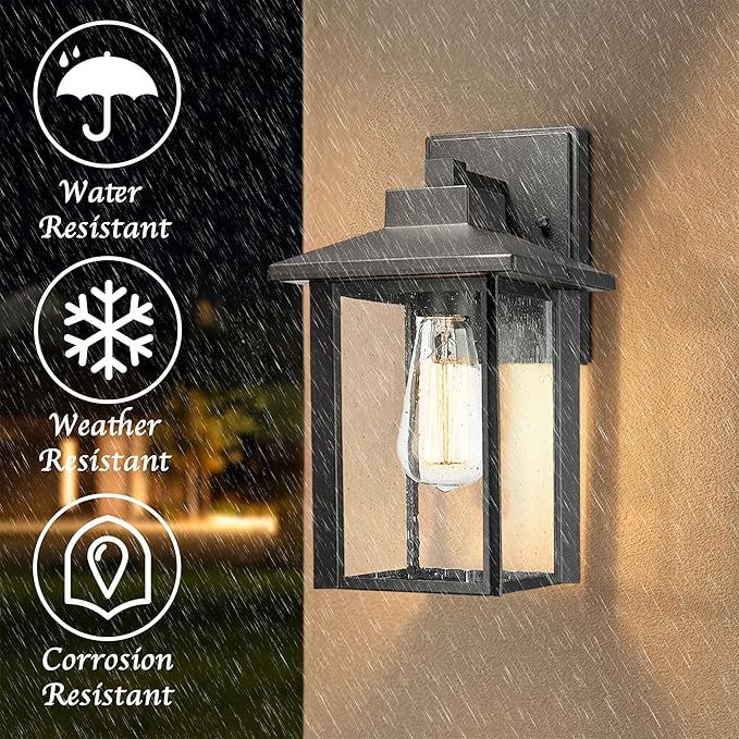Bestshared Outdoor Wall Lights, Outside Sconce Light, Exterior Lighting Fixture, Outdoor Wall Lantern, Black Porch Lamp with Seeded Glass for Entryway, Garage (Black, 12.4" H)