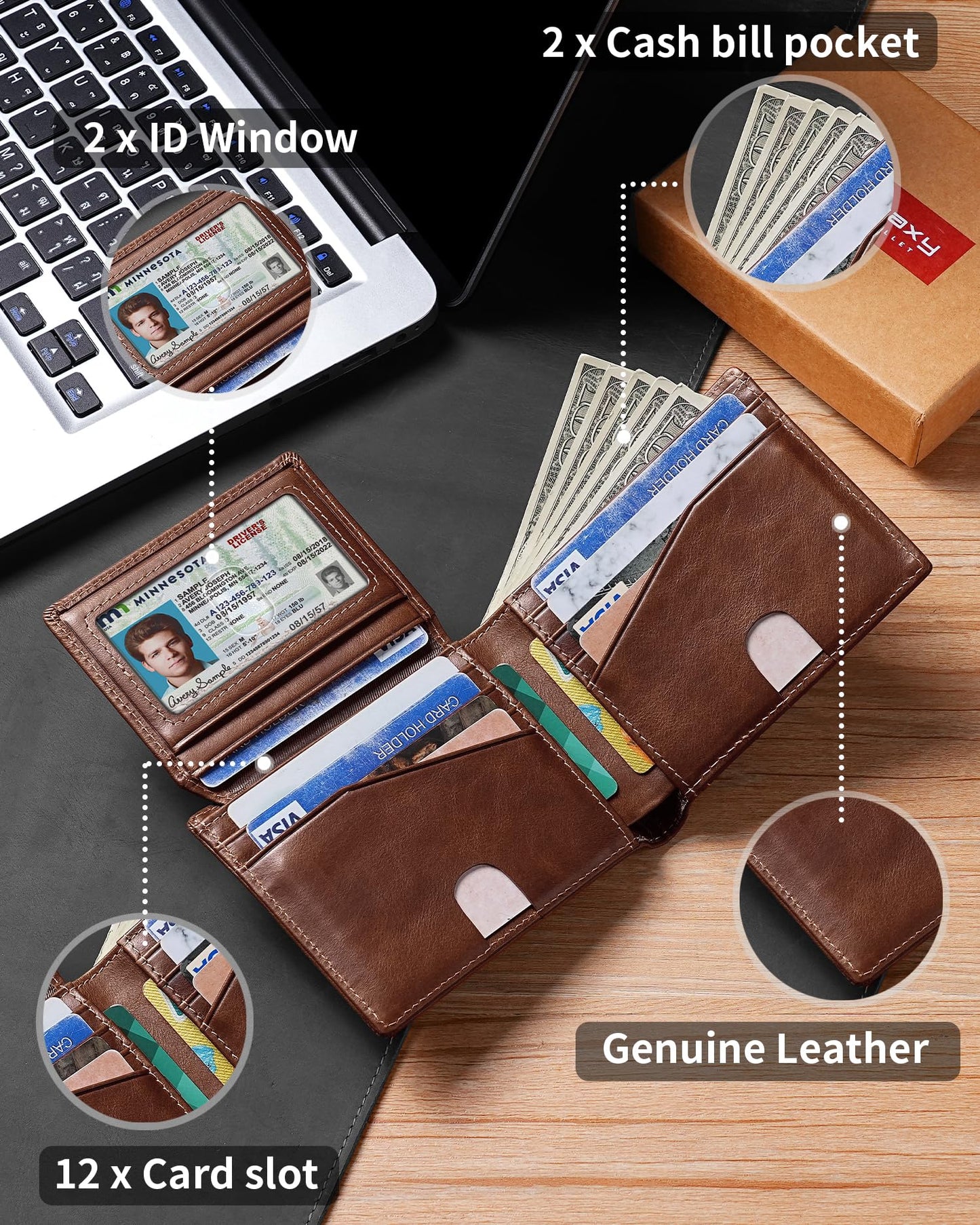 Artpaxy Mens Wallet Bifold Genuine Leather RFID Blocking Wallet for Men with 2 ID Windows 12 Card Holders 2 cash pockets 1 Gift Box