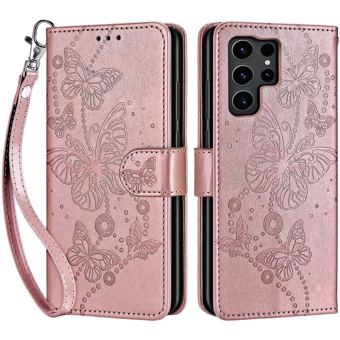 SASYMALY for Samsung Galaxy S24 Ultra Wallet case, Flip Folio Cover with Stand Feature for Women Men, PU Leather Phone Case Fit for Samsung Galaxy S24 Ultra [Rose Gold-Butterfly]