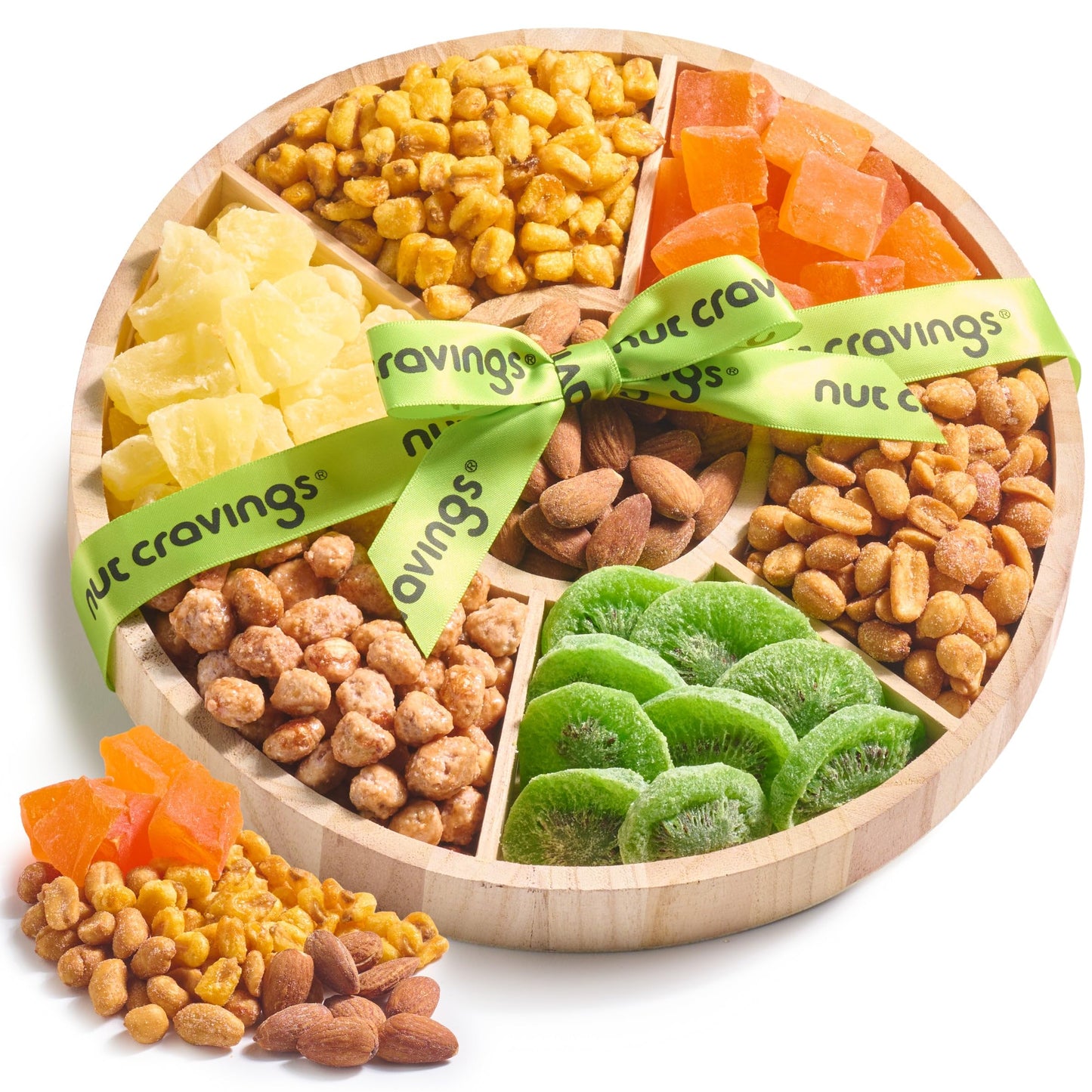 NUT CRAVINGS - Dried Fruit & Mixed Nuts Gift Basket in Reusable Round Wooden Tray + Ribbon (7 Assortments) Food Arrangement, Healthy Snack Care Package, Kosher Treats for Adults