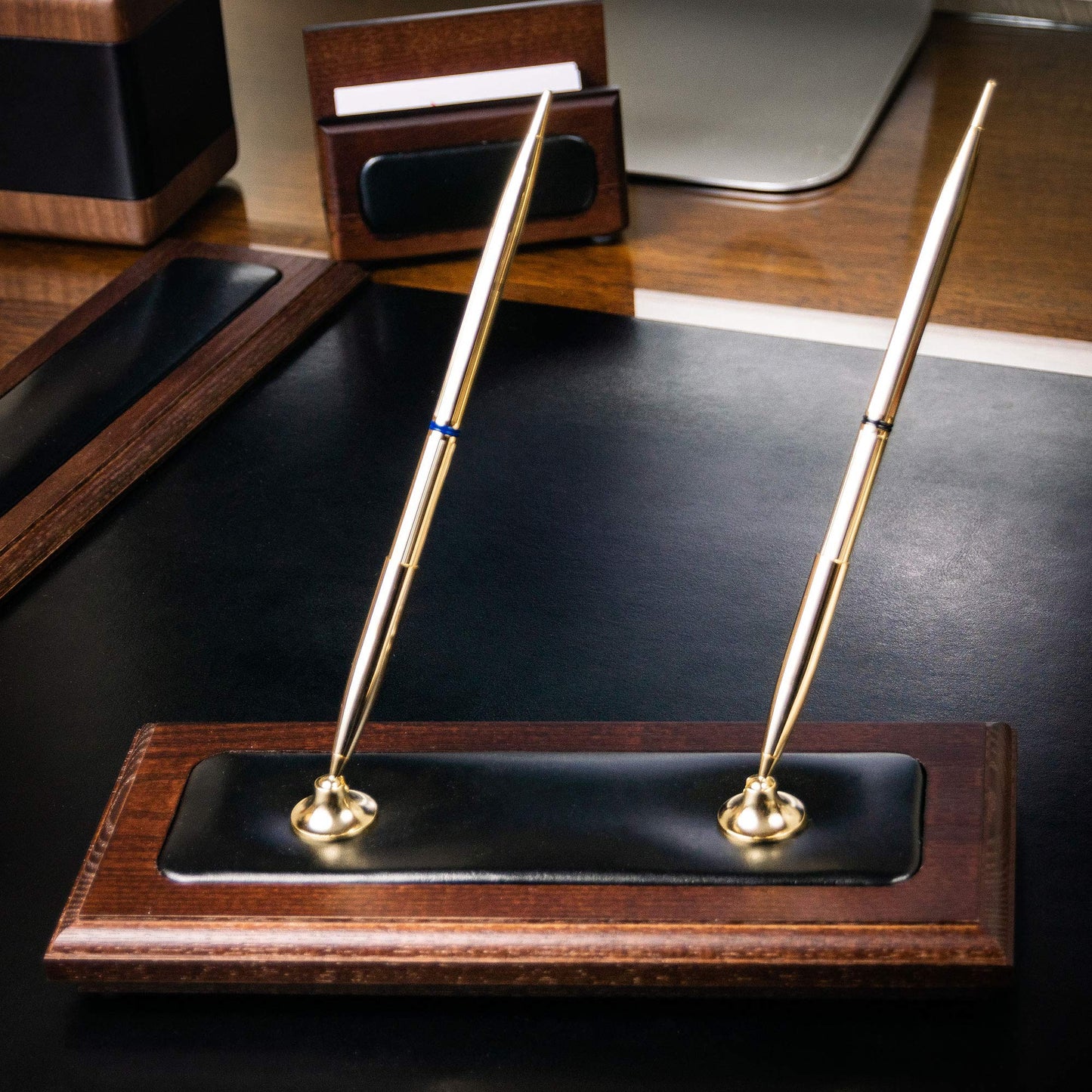DACASSO Walnut & Leather Double Pen Holder - Luxury Pen Stand With Rolling Ball Pens - Elegant Pen Organizer & Executive Desk Decor - (3 Piece Set)