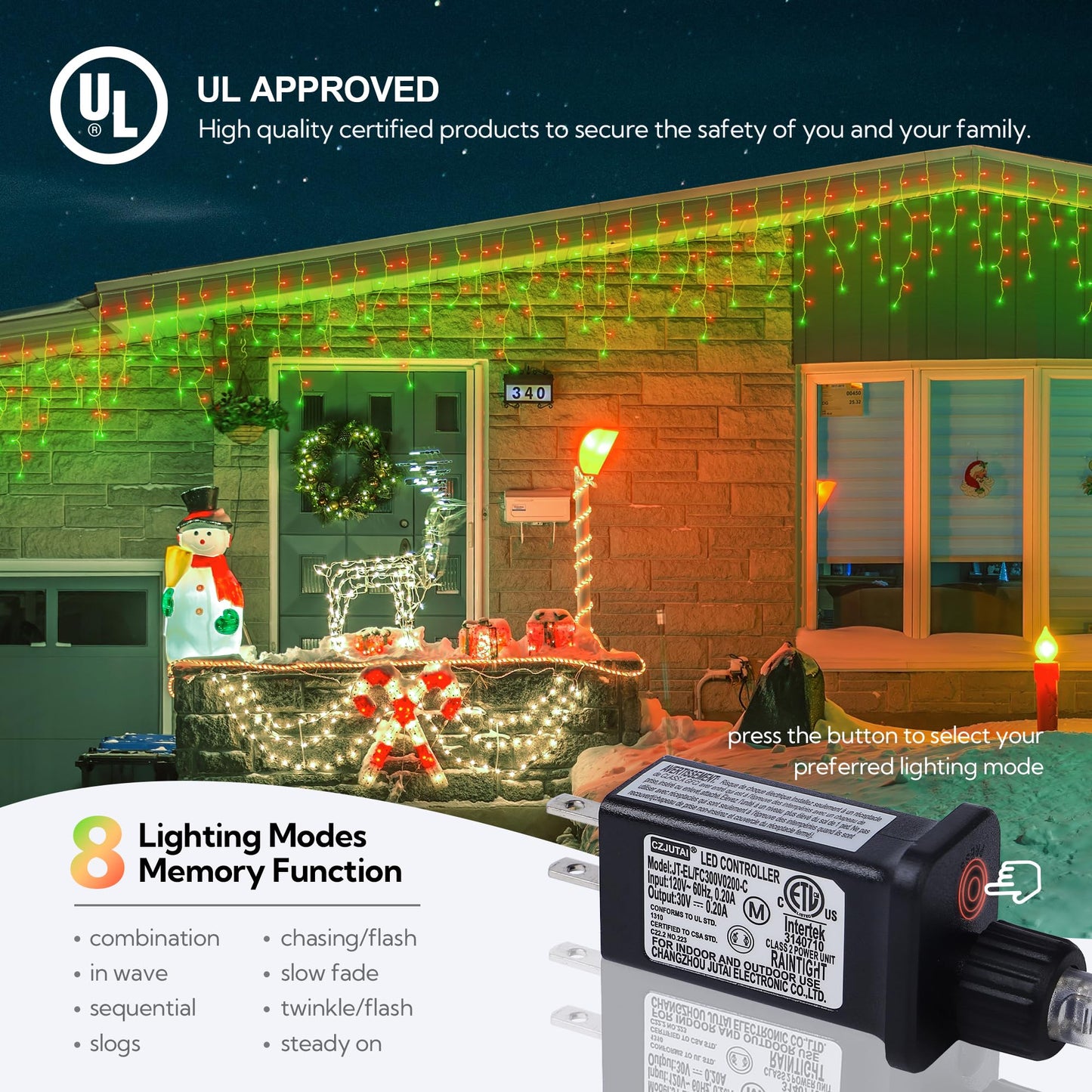 Hopolon 33FT 360L LED Christmas Icicle Lights Outdoor Waterproof,8 Modes Plug in Curtain String Lights with 60 Drops for Wedding, Party, Bedroom, Garden, Home, Wall Decorations(Red Green)