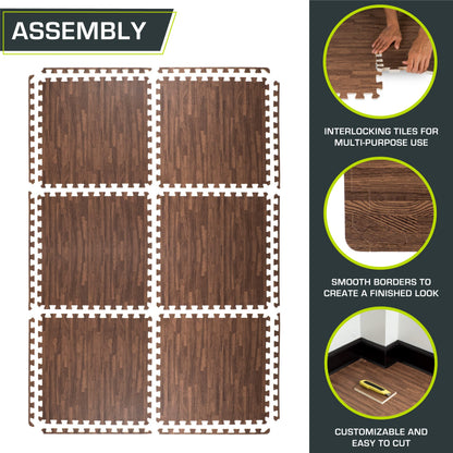 ProsourceFit Wood Grain Puzzle Mat ½-inch, 6 EVA Foam Interlocking Floor Tiles (24 SQ FT) for Secure Indoor Gym Flooring, Office Spaces, Living Rooms, and Play Areas, Dark Oak