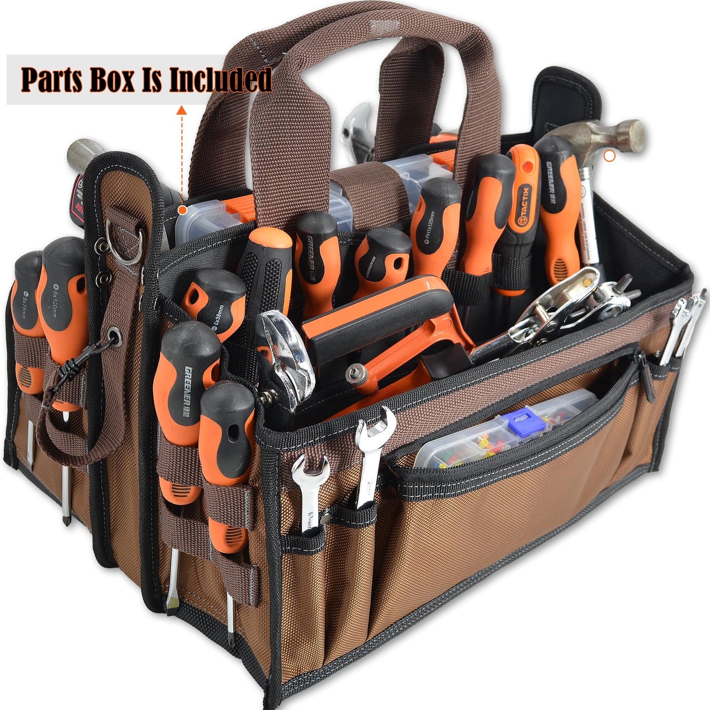 WELKINLAND 20-Pockets Tool Tote Bag, 16" Electrician Tool Bag, Open-Top Tool Bag, Stay-Up HVAC Tools Bag, Brown Tech Tools Bags, HVAC Bag, Tool Tote Bag With Handle