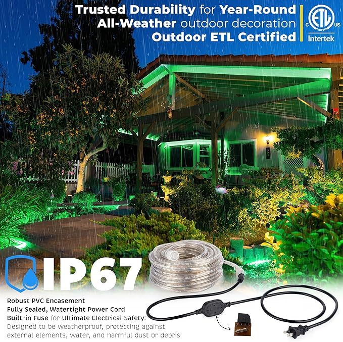 WYZworks 576LEDs 50ft LED Outside Rope Lights, Outdoor ETL Certified Waterproof Permanent 360 Degree Light Emitting, Flexible Tube, Connectable, Christmas Palm Tree Exterior Landscape, Green