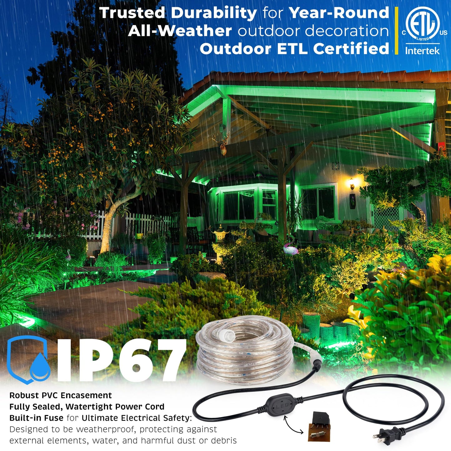 WYZworks 576LEDs, 50ft LED Outside Rope Lights, Waterproof Permanent Outdoor ETL Certified Connectable Clear Tube, Christmas Palm Tree Holiday Decorative Landscape Patio Accent Lighting - Green