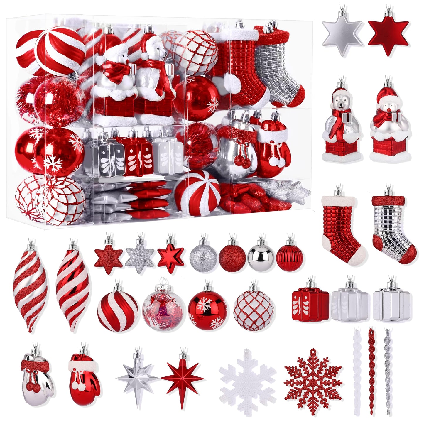 Alupssuc 112pcs Christmas Balls Ornaments Set, Shatterproof Plastic Baubles Christmas Penguin, Polar Bear for Xmas Tree Holiday Wedding Party Decorations with Hanging Strings, Red, Silver and White