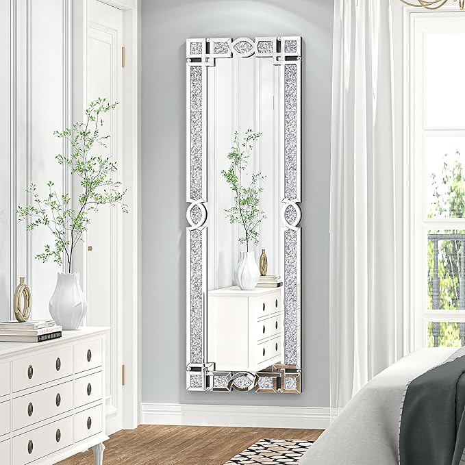 ENENE Crystal Mirrors Full 63"(H) Crushed Diamond Full Body Mirror Silver Long Floor Standing Mirror for Bedroom Living Room Bathroom Wall Mounted