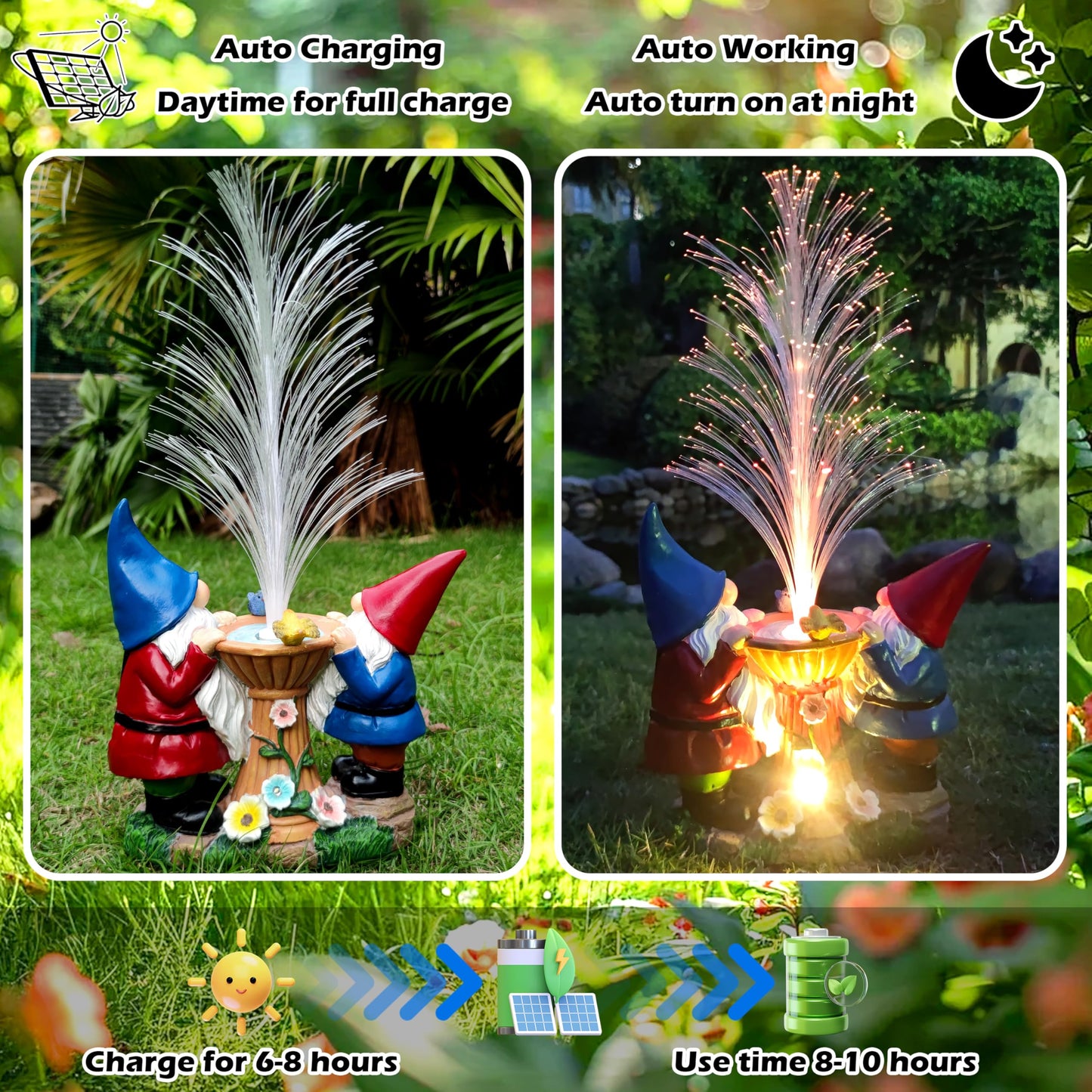 RCTTICUU Gnome Statue Solar Garden Decor with LED Lights, Resin Gnomes Figurine and Colour Changing Optical Fiber Solar Light,Outdoor Decorations for Balcony, Patio, Yard, Lawn, Gifts for Women