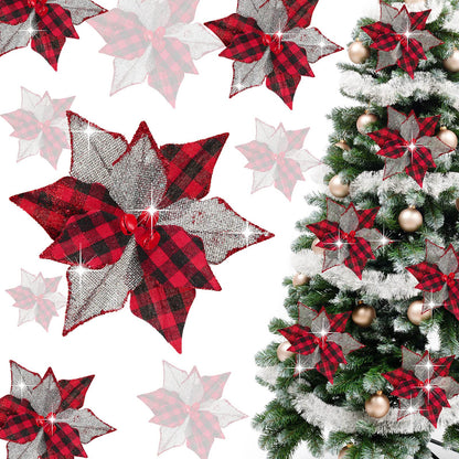 Chuangdi 12 Pcs Buffalo Plaid Poinsettias 6.7 Inches Christmas Tree Ornaments Burlap Artificial Xmas Flower Decor with Bells for Rustic Christmas Tree Wreath Garland Party(Red Black)