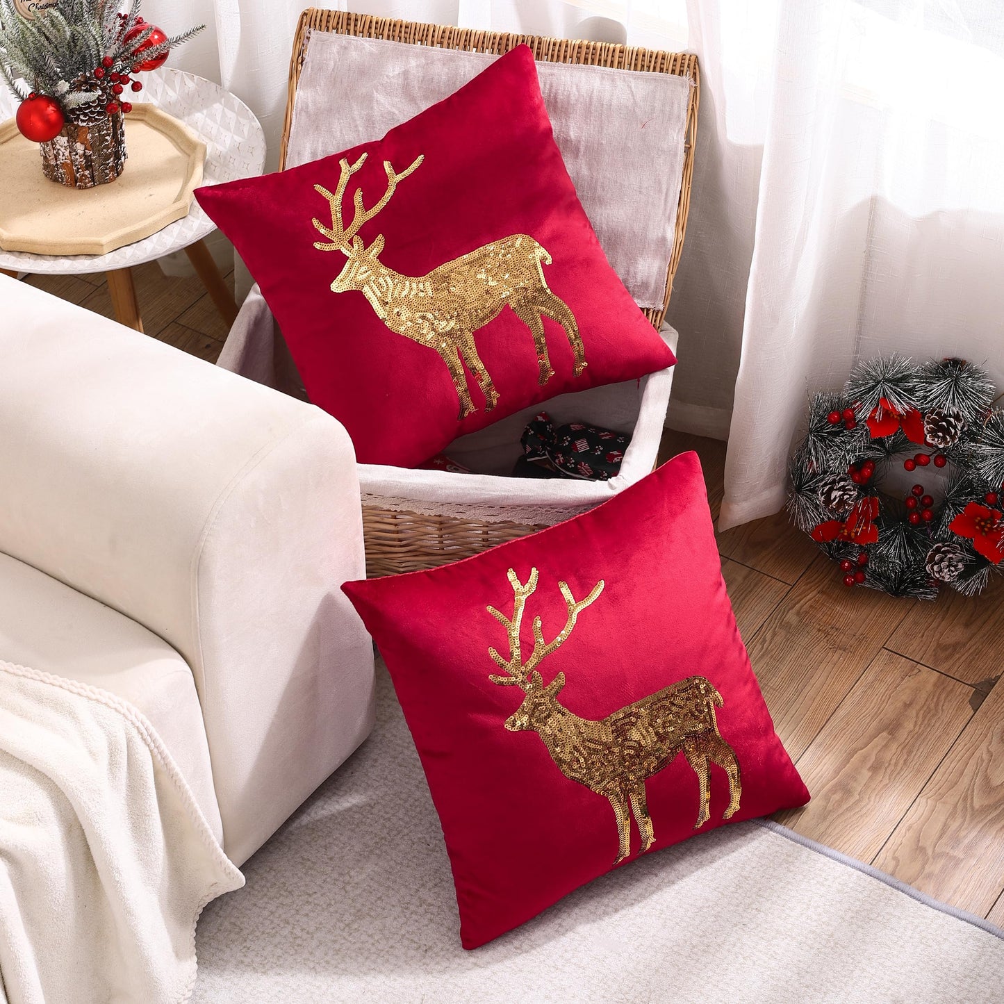 Tosleo Christmas Pillowcases 18 x 18 inch Set of 2 Red Deer Sequins Throw Pillow Cover Xmas Pillow Case Party Decor Winter Holiday Cushion Cases
