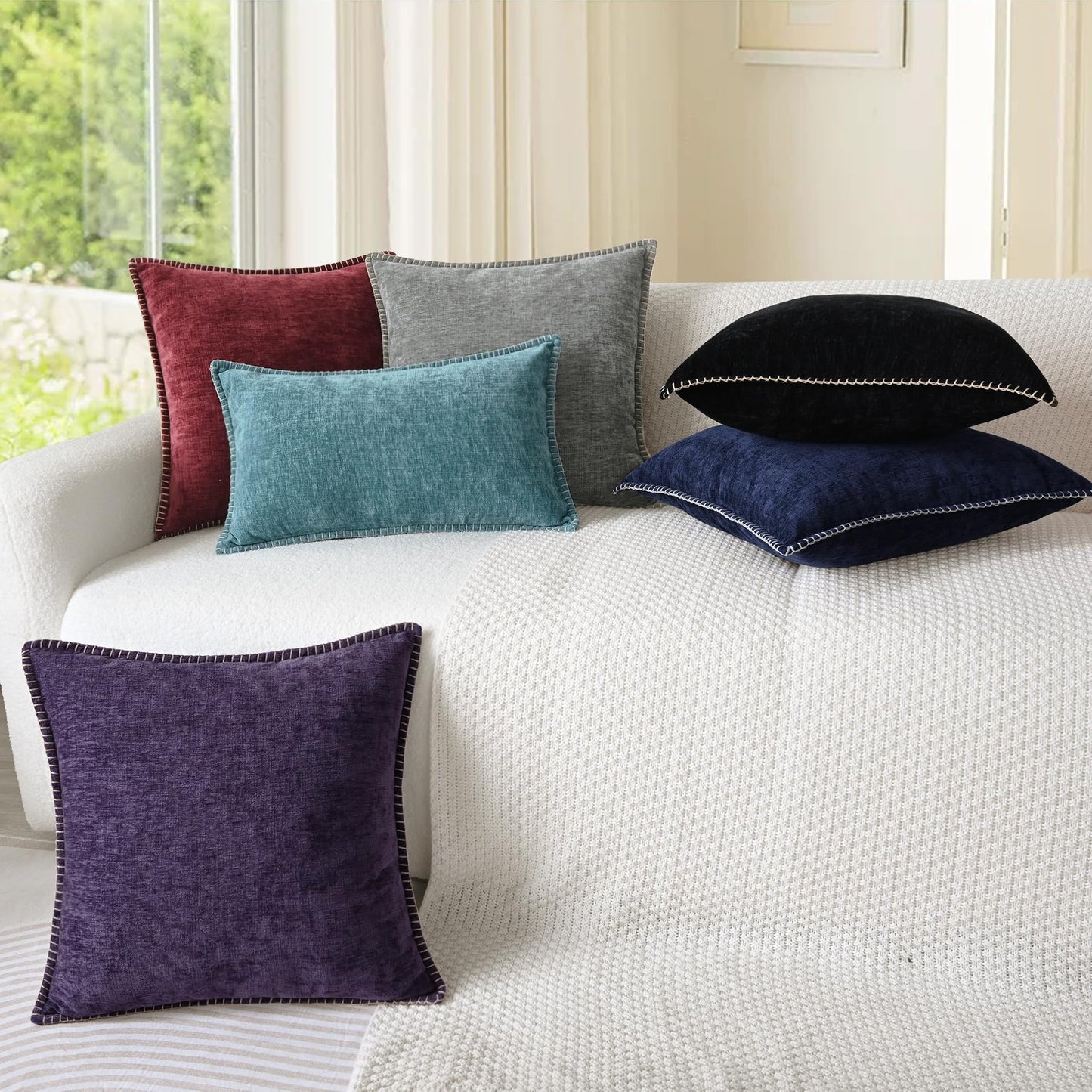 CaliTime Christmas Throw Pillow Covers Decorative 18 X 18 Inches Pack of 2 Cotton Thread Stitching Edges Solid Dyed Soft Chenille Cushion Cases for Couch Sofa Bed Living Room Farmhouse Burgundy