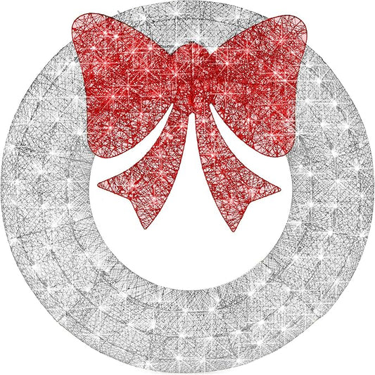 Best Choice Products 36in Pre-Lit Outdoor Christmas Wreath Decoration, LED Metal Holiday Decor for Home w/ 120 Lights, Bow - Silver/Red