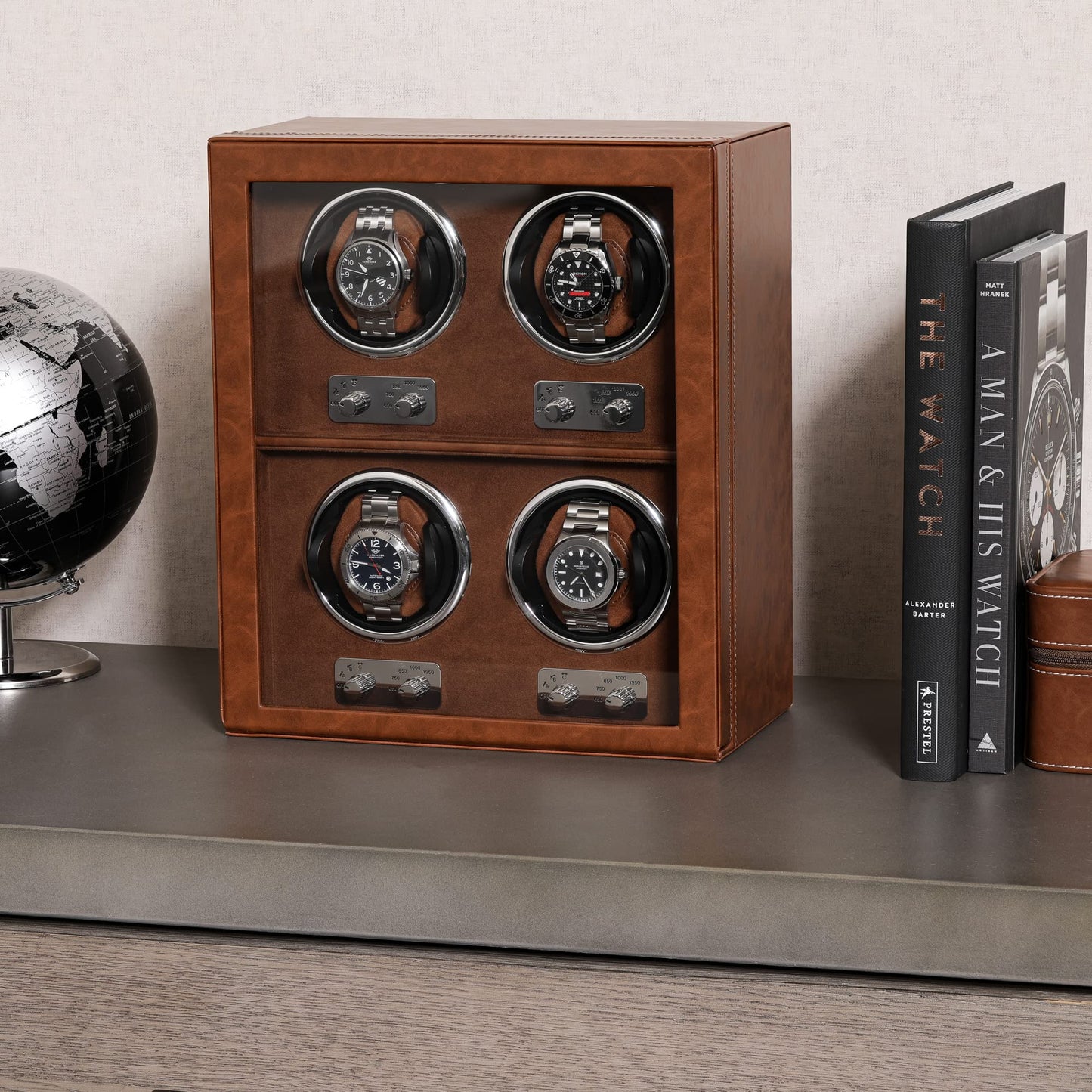 ROTHWELL 4 Watch Winder for Automatic Watches with Quiet Motor with Multiple Speeds and Rotation Settings (Tan/Brown)