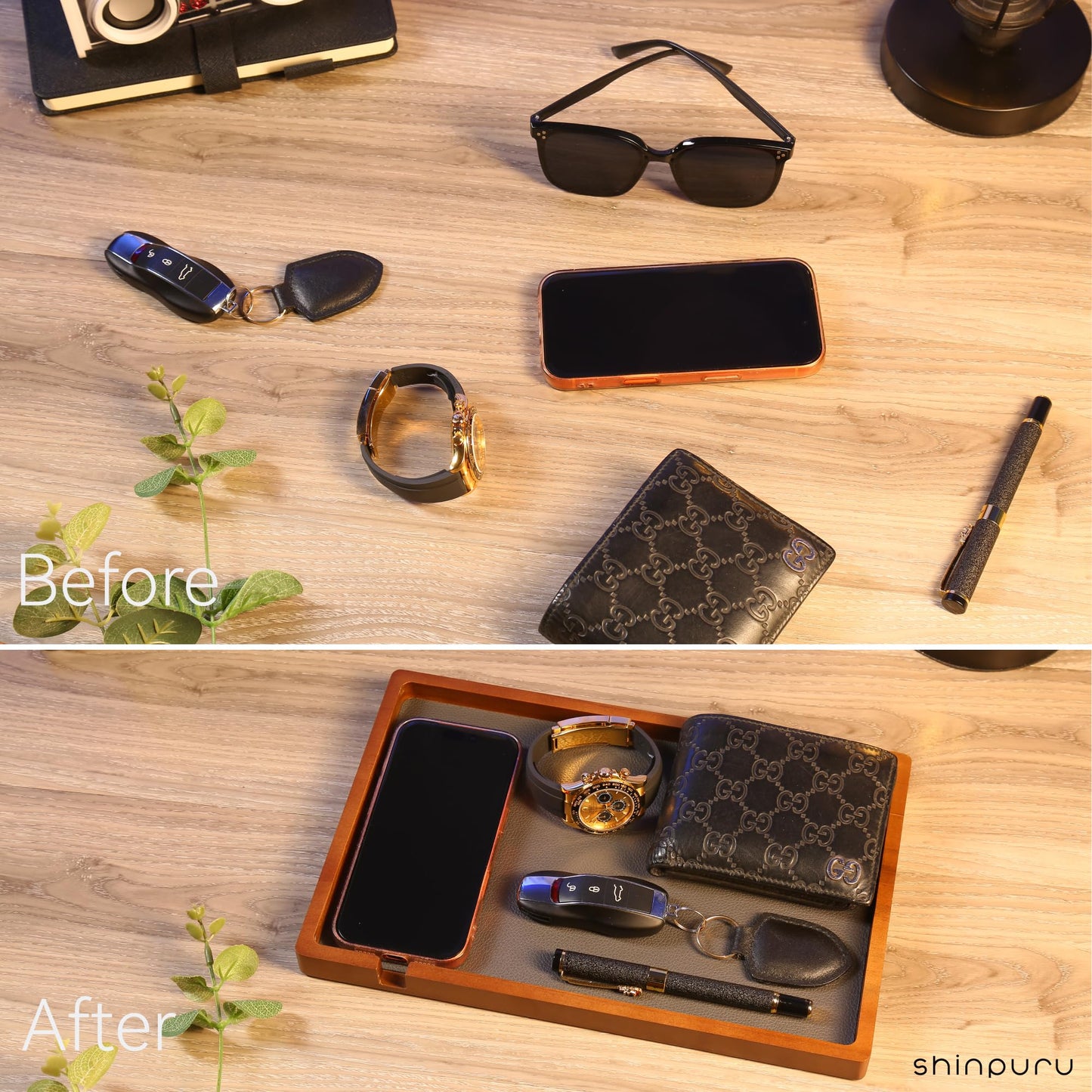 Shinpuru Wooden Valet Tray for Men, Nightstand Organizer with Leather Inlay, EDC Essentials Catchall Tray for Keys, Phone, Wallet, Watch, Earbuds - Bedside Desk Entryway Tray (Wood-Full)