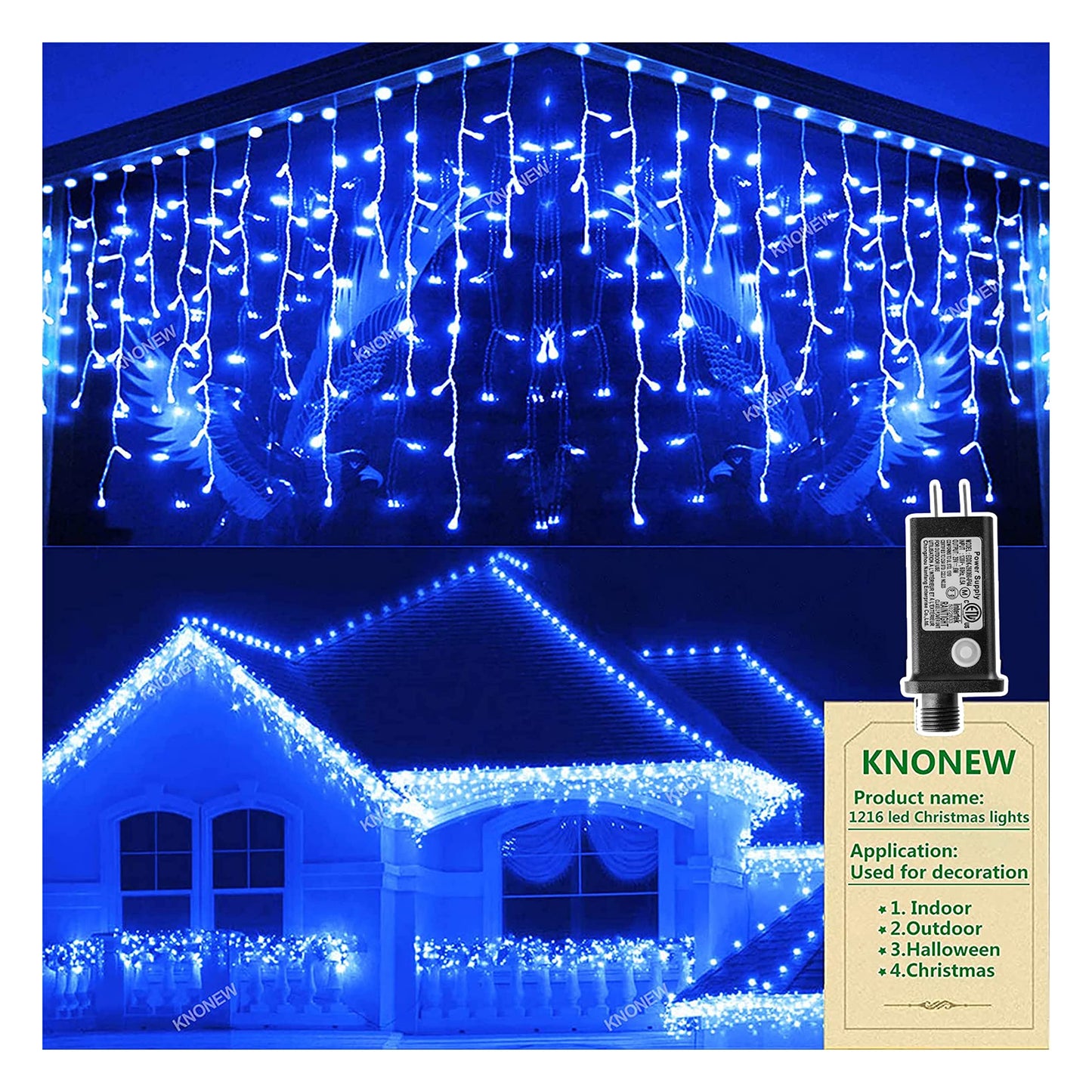 Christmas Lights Outdoor Decorations 1216 LED 99ft 8 Modes Curtain Fairy String Light with 228 Drops, Clear Wire LED String Light Indoor Decor for Wedding Party Holiday Christmas Decoration Blue
