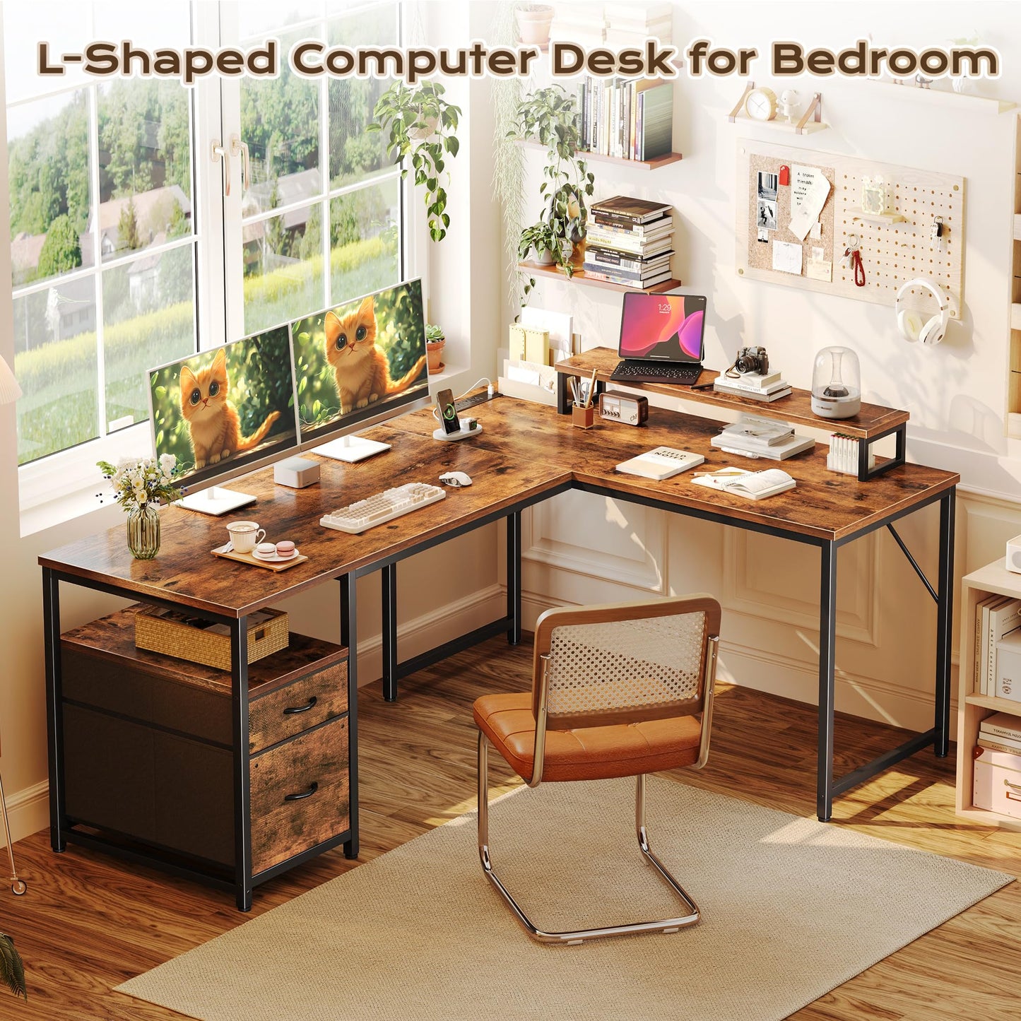 PRAISUN 55 Inch L Shaped Desk with Power Outlets and USB-C Port, Computer Corner Home Office Desk with File Fabric Drawers and Movable Monitor Stand, Larger Storage for Gaming, Study, Rustic Brown