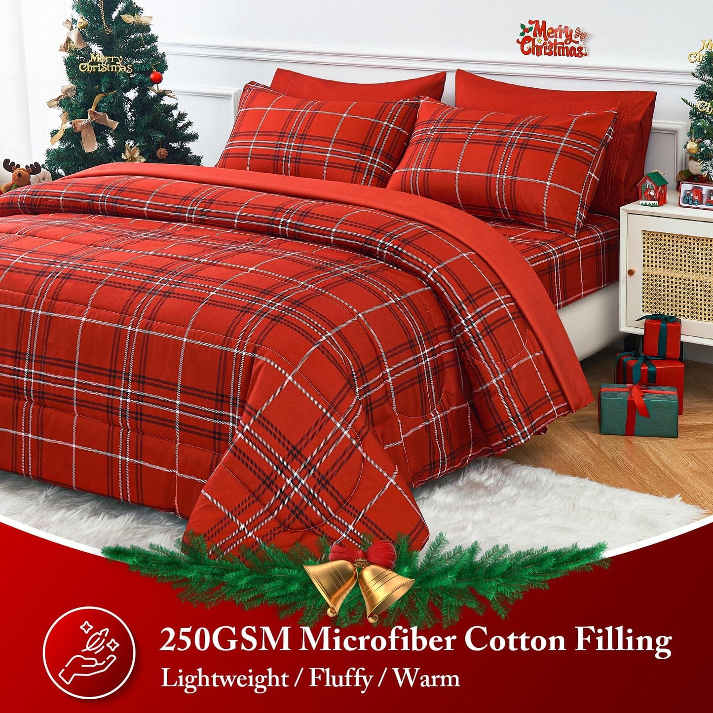 YIYEA Christmas Comforter Set, 7 Pieces Bed in a Bag, Christmas Bedding Sets with Comforter, Flat Sheet, Fitted Sheet, 2 Embroidered Pillowcases, and 2 Printed Pillowcases, Queen