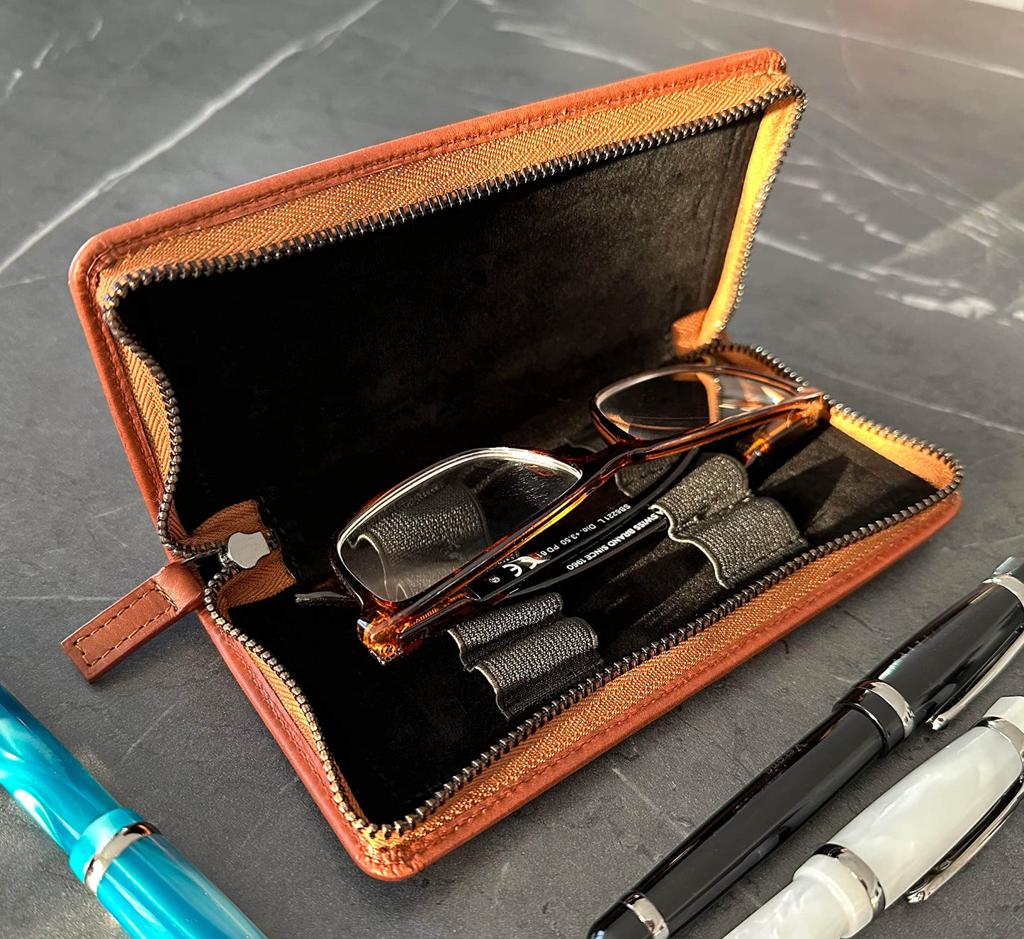 DiLoro Leather Zippered Triple or Quad Pen Case Pencil Pouch Holder for Three or Four Fountain Ballpoint Rollerball Pens or Glasses (Nappa Bugatti)